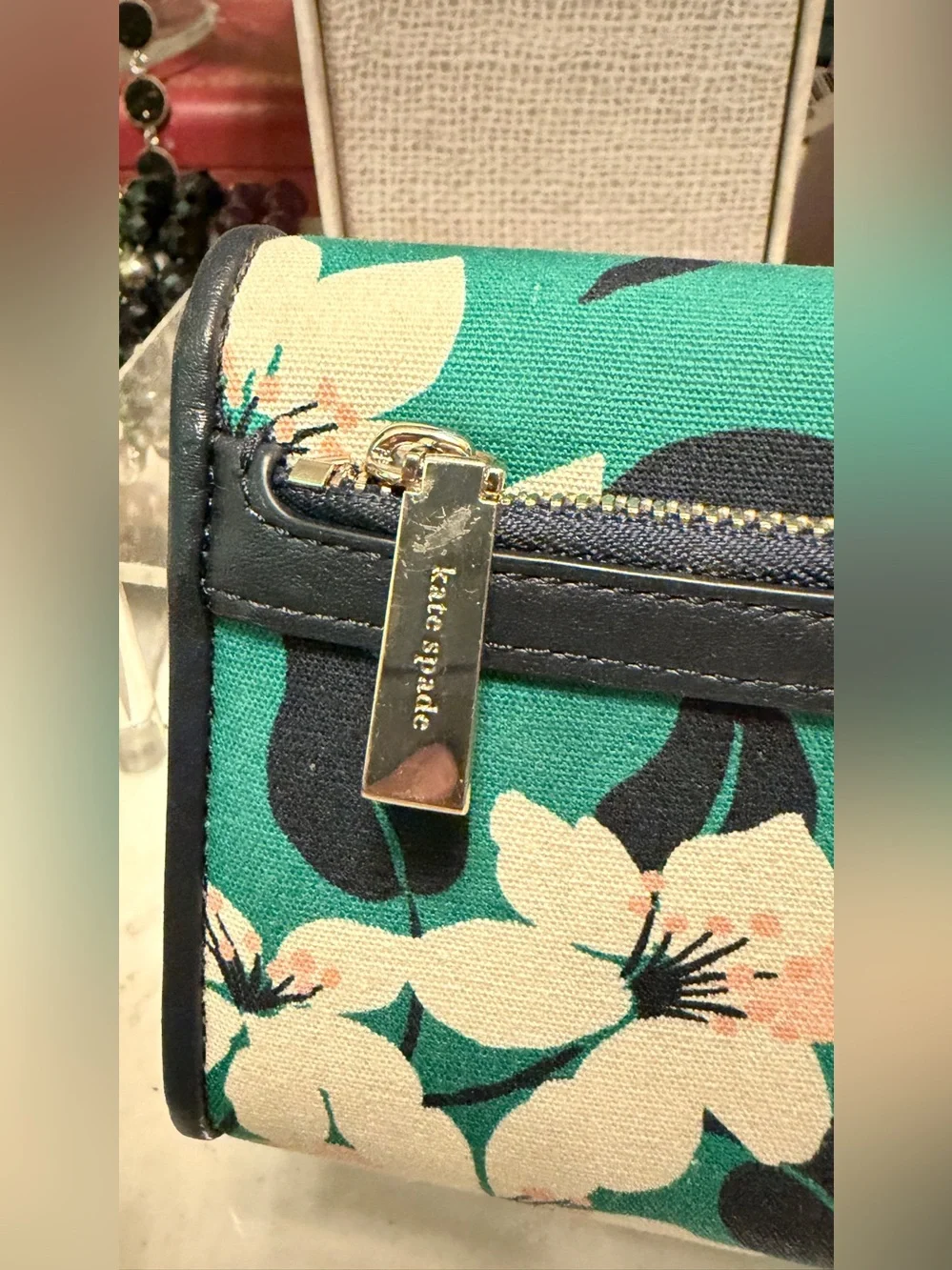 kate spade Green Floral Wallet with Peach Blooms and Gold Plaque